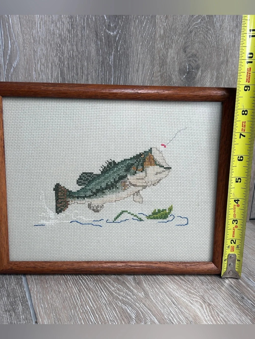 Handmade Largemouth Bass Cross Stitch • Rustic Cabin Wall Art • Framed Fishing
